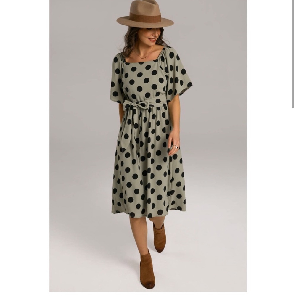 Short Bell Sleeve Square Neck Gathered Waist Dot Midi Dress